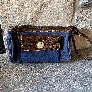 Nine West - Blue Denim and Brown Faux Leather Shoulder Bag
